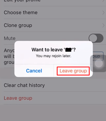 Toque la opción Abandonar grupo en el mensaje emergente de alerta que dice Quiero abandonar el nombre del grupo. | ¿Cómo puedes salir de un chat de GroupMe?