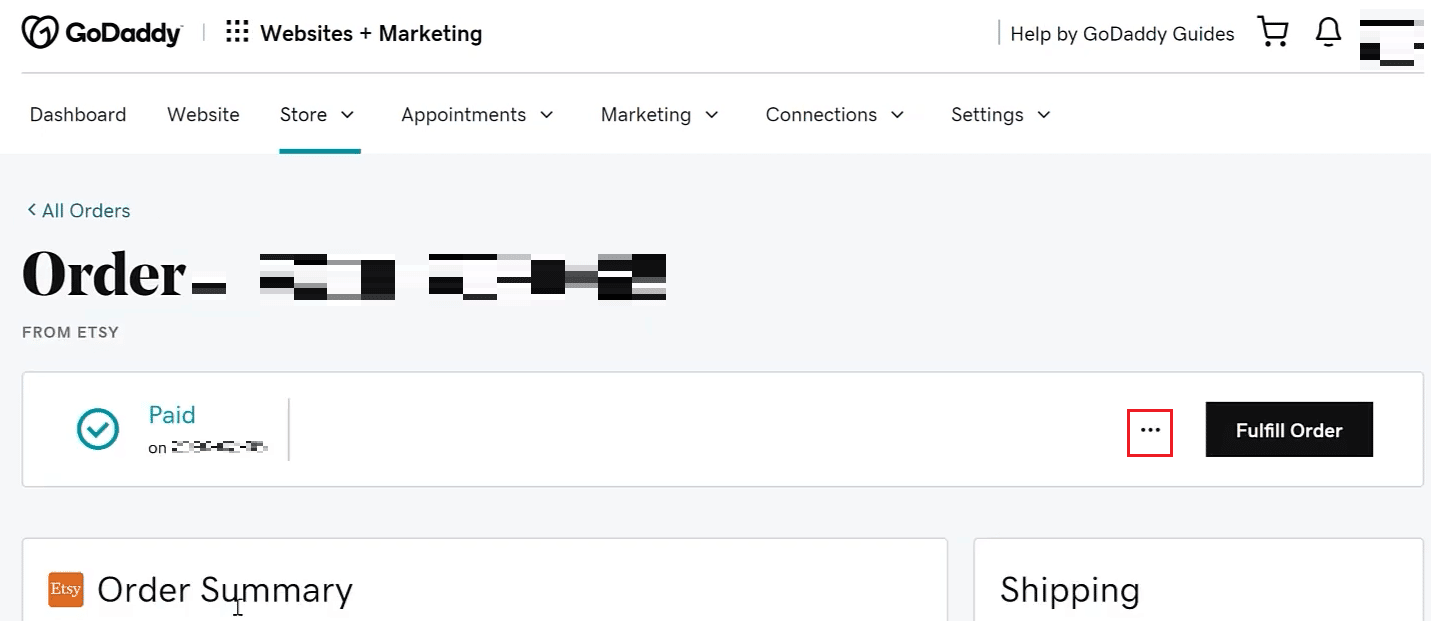 faceți clic pe pictograma orizontală cu trei puncte de lângă Fulfill Order | anulați domeniul GoDaddy