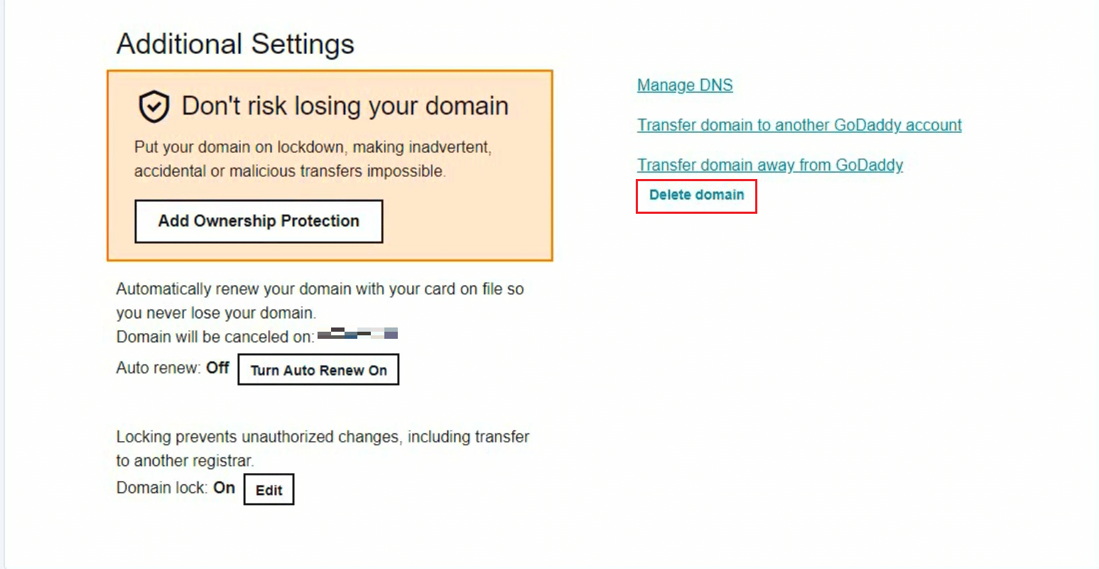 Scrollen Sie ganz nach unten und klicken Sie im Bereich Zusätzliche Einstellungen | auf die Option Domain löschen So löschen Sie ein Produkt auf GoDaddy