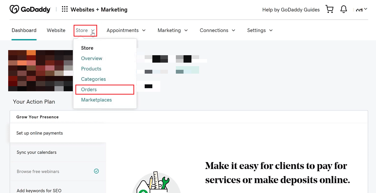 Role para baixo até a seção Websites + Marketing e clique em Loja - Encomendar na parte superior