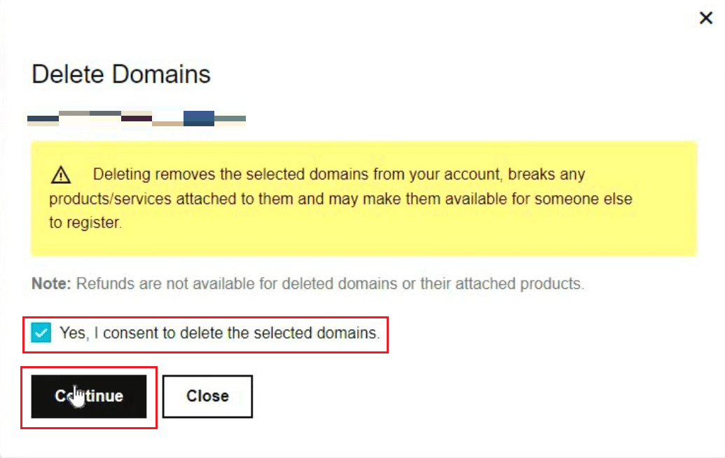 Pilih kotak Ya, saya setuju untuk menghapus domain yang dipilih dan kemudian klik Lanjutkan | batalkan domain GoDaddy