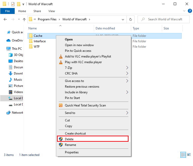 คลิกขวาที่โฟลเดอร์ Cache แล้วเลือกตัวเลือก Delete วิธีแก้ไขข้อผิดพลาดแอปพลิเคชัน WoW 64 EXE