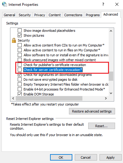 Cari dan hapus centang pada Periksa pencabutan sertifikat Penerbit dan Periksa pencabutan sertifikat server