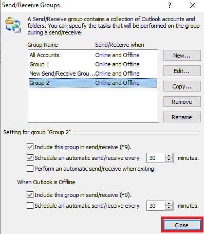 Fare clic su Chiudi per uscire dalla finestra di dialogo Invia gruppi di ricezione. Correggi l'errore di Outlook 0x8004102a in Windows 10