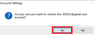 单击是确认删除帐户。修复 Windows 10 中的 Outlook 错误 0x8004102a