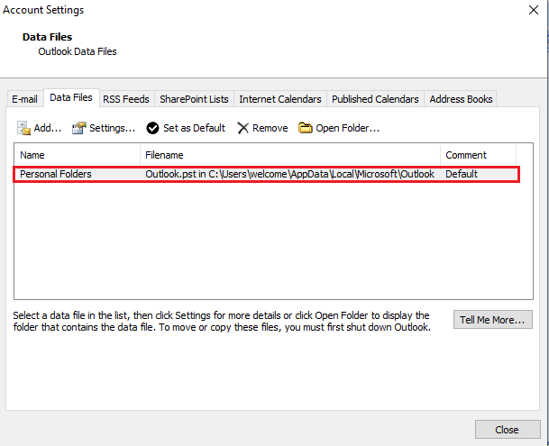 Prendere nota della posizione del file della cartella personale. Correggi l'errore di Outlook 0x8004102a in Windows 10