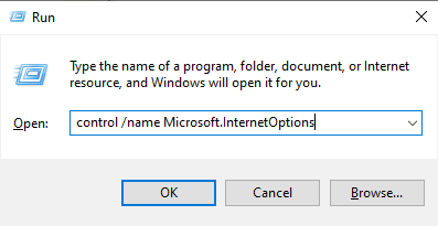 실행 프롬프트에서 control name Microsoft InternetOptions 명령을 입력합니다.