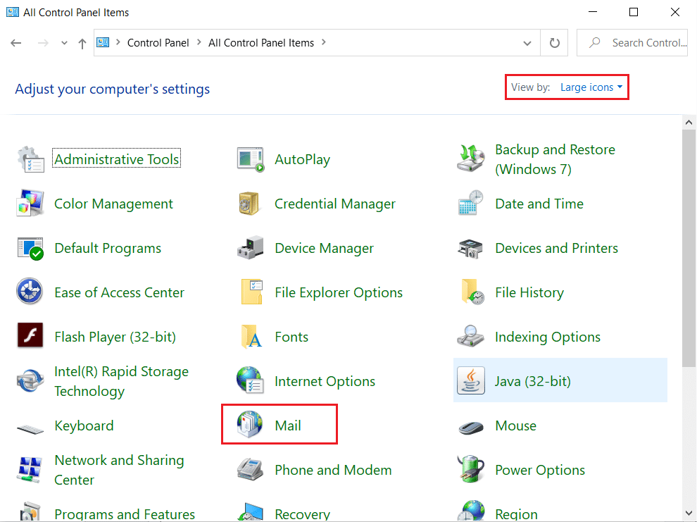 Buka opsi Mail di Control Panel. Perbaiki Kesalahan Outlook 0x8004102a di Windows 10