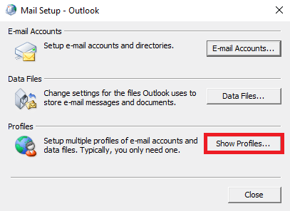 Dans l'onglet Profils, cliquez sur Afficher les profils. Correction de l'erreur Outlook 0x8004102a dans Windows 10