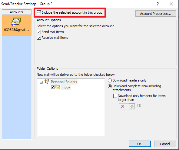 Bifați caseta înainte de Includeți conturile selectate în acest grup. Remediați eroarea Outlook 0x8004102a în Windows 10