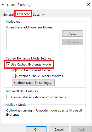 Accédez à l'onglet Avancé et cochez la case avant d'utiliser le mode Exchange mis en cache