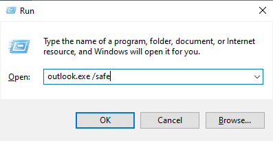 Outlook exe safe를 입력하여 안전 모드에서 Outlook을 엽니다.