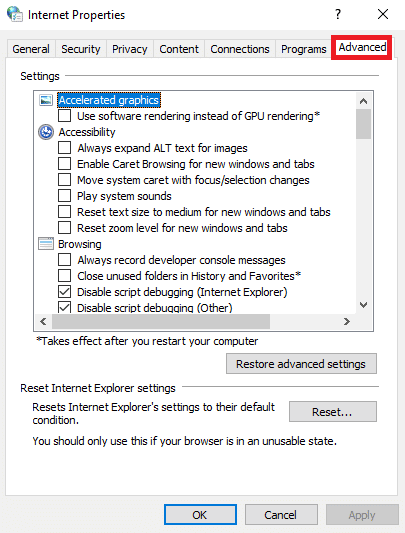 Di kotak dialog Properti Internet, navigasikan ke tab Lanjutan. Perbaiki Kesalahan Outlook 0x8004102a di Windows 10