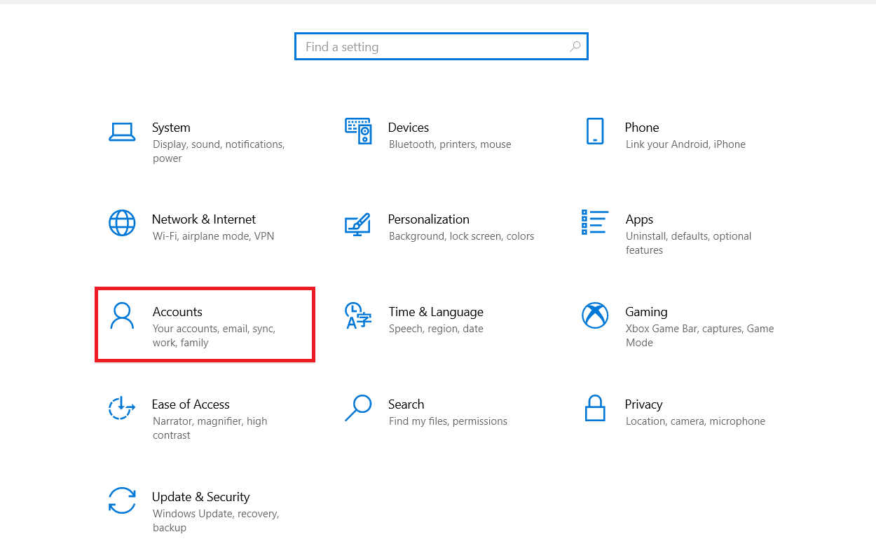 Arahkan dan klik Akun. Perbaiki Kesalahan Outlook 0x8004102a di Windows 10