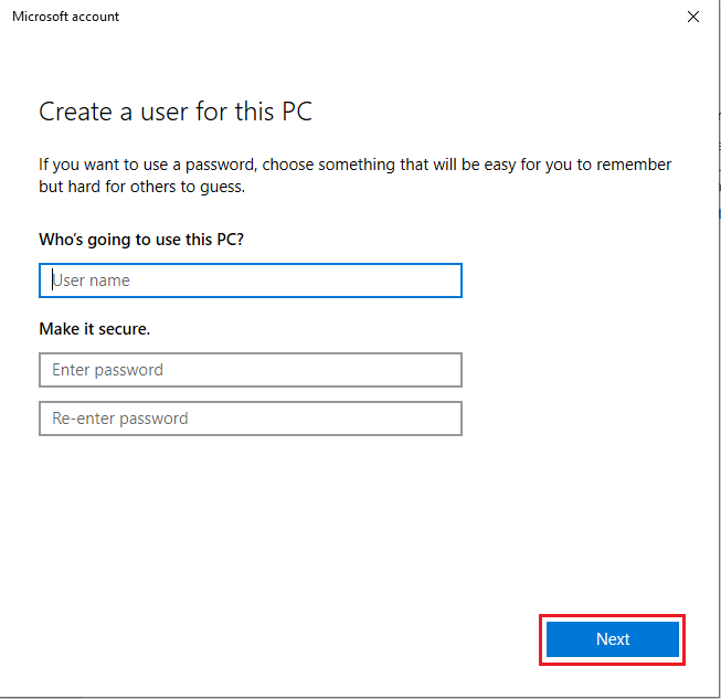 [この PC のアカウントを作成する] に資格情報を入力し、[次へ] をクリックします。 Windows 10 で Outlook エラー 0x8004102a を修正する