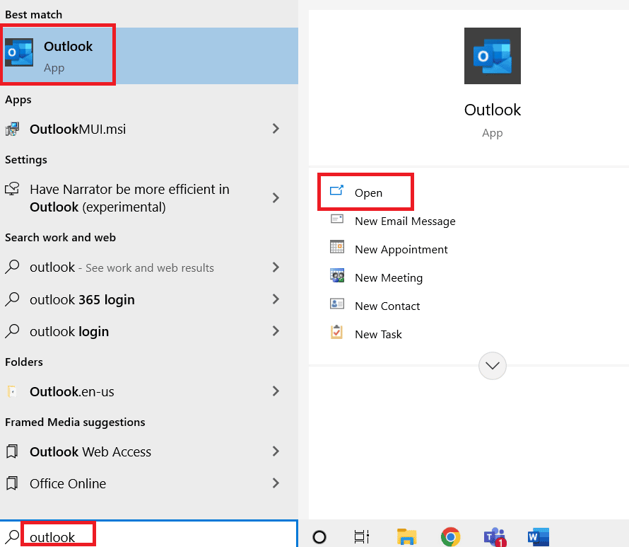 Abra o Outlook. Corrigir o erro do Outlook 0x8004102a no Windows 10