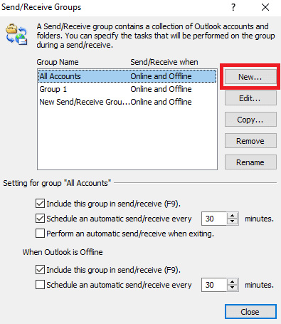 Klicken Sie im Dialogfenster Send Receive Group auf die Schaltfläche New