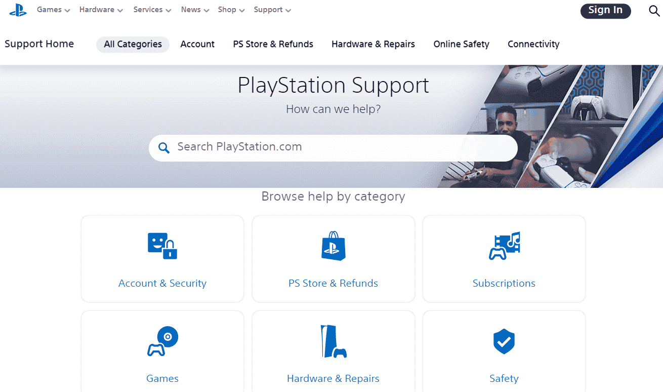 Página de soporte de PlayStation