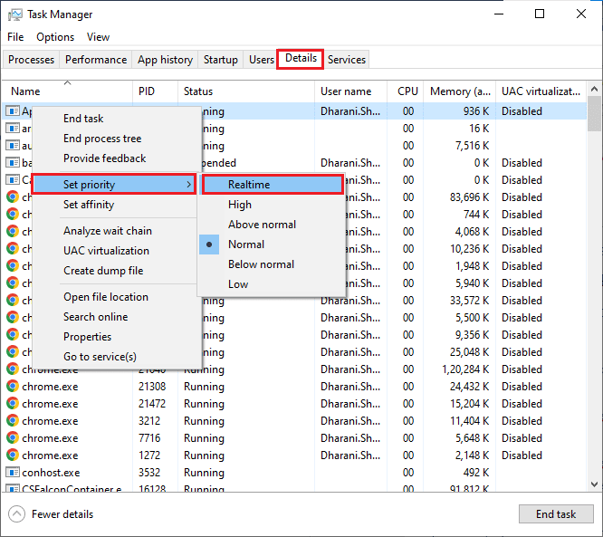 ไปที่ตัวเลือก Set Priority จากนั้นเลือก Realtime แก้ไข Dota 2 ไม่ตอบสนองใน Windows 10