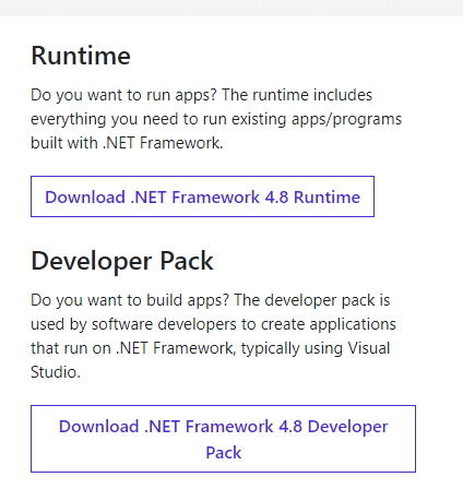 .NET Framework 4.8 Geliştirici Paketini İndir'e tıklamayın