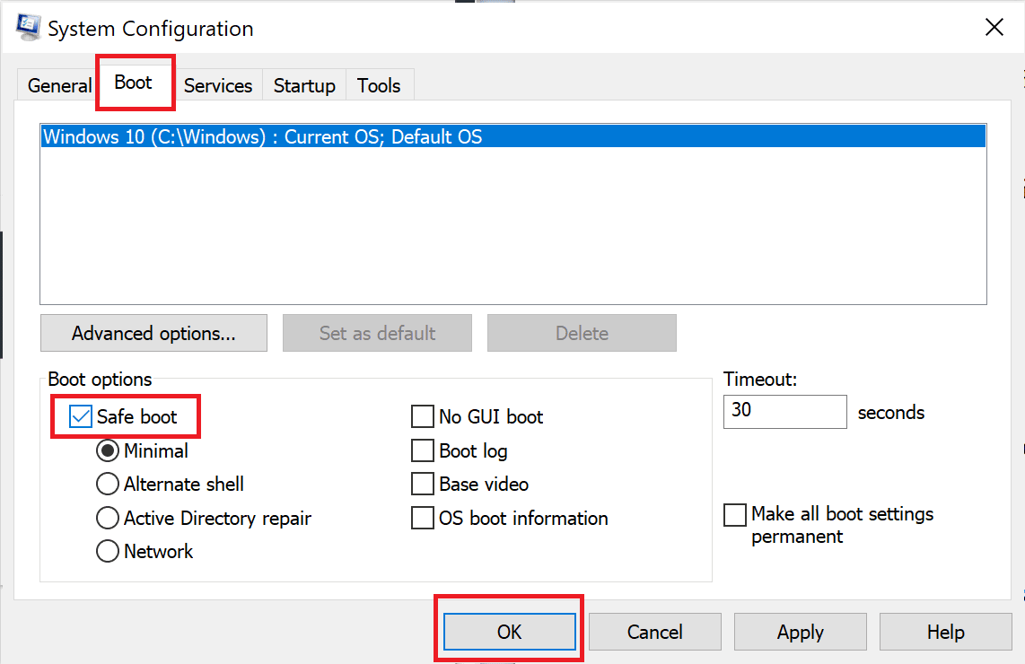 cliquez sur l'onglet Boot et cochez la case à côté de Safe boot sous Boot options