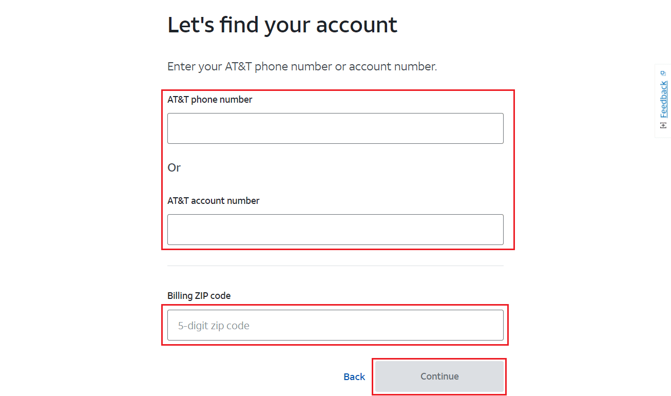 Masukkan nomor telepon AT&T atau nomor akun AT&T Anda - masukkan kode pos Penagihan 5 digit dan klik Lanjutkan | Cara Menghapus Akun ATT | batalkan pemasangan AT&T