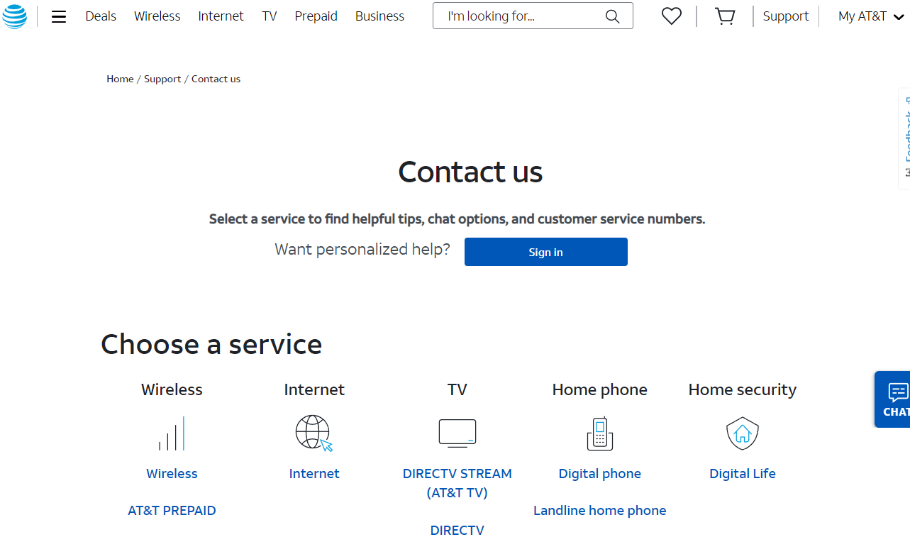 Pagina del servizio clienti AT&T