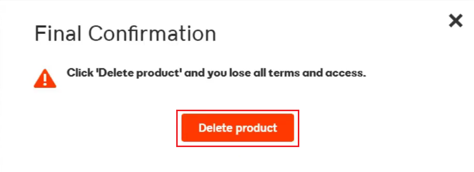Verrai reindirizzato nuovamente alla pagina Rinnovi e fatturazione. Qui, fai clic su Elimina prodotto per confermare il processo