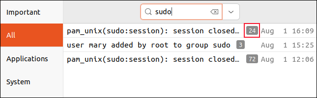 บล็อกสีเทาที่มีจำนวนรายการใน sudo session