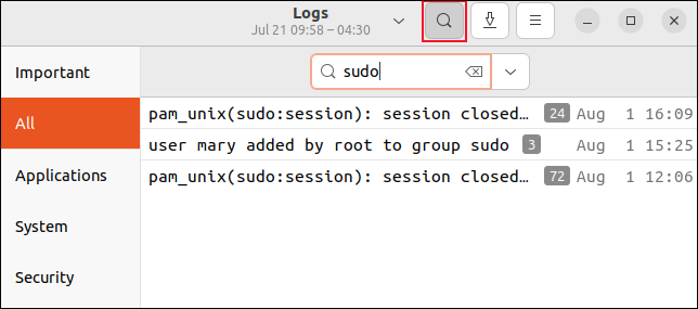 Recherche d'entrées contenant sudo dans l'application GNOME Logs