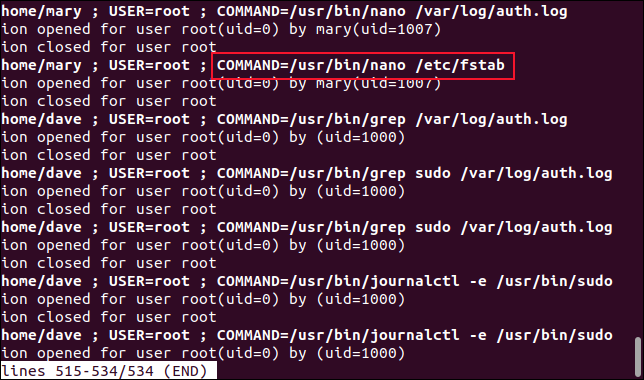 Прокрутка вбок, чтобы увидеть команды, которые использовались с sudo