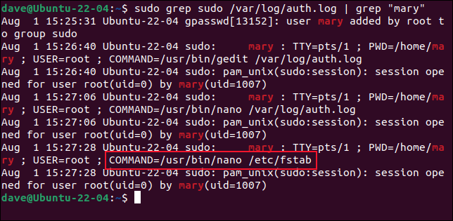 grep を使用して、mary と sudo に言及しているエントリを除外する