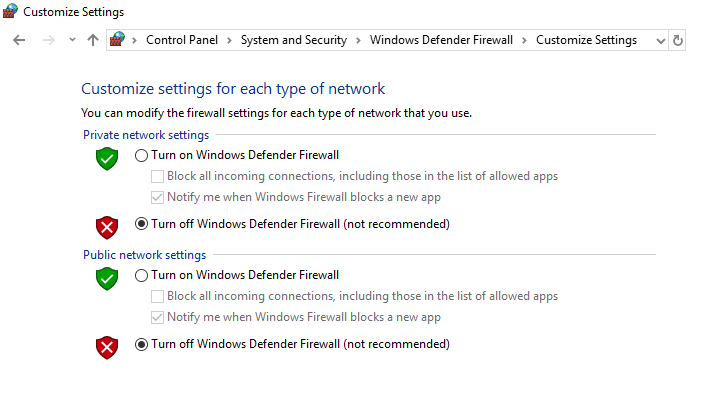 ウイルス対策ソフトウェアまたは Windows Defender を無効にする