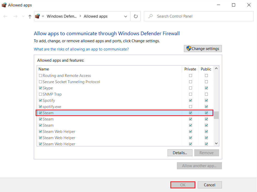 verifique a opção Pública e Privada para o Steam no menu de aplicativos permitidos do Firewall do Windows Defender