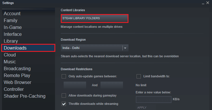 ダウンロードをクリックし、STEAM LIBRARY FOLDERSを選択します