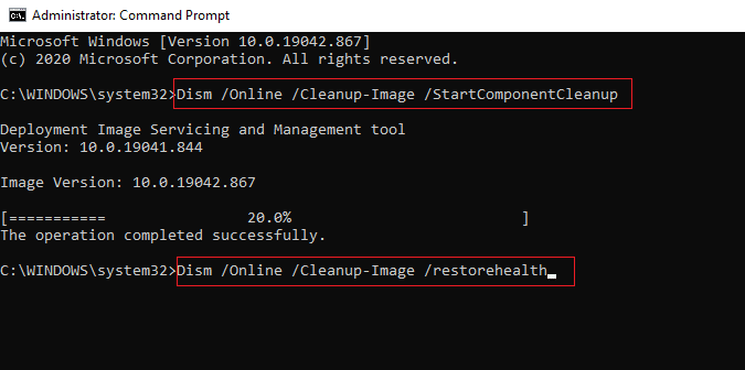 別のコマンド Dism Online Cleanup Image restorehealth を入力し、完了するまで待ちます