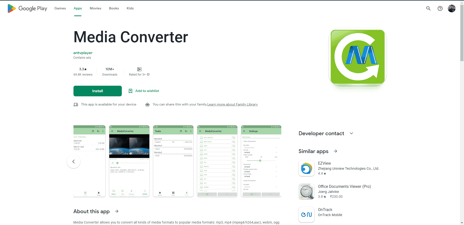 Media Converter Play Store-Webseite