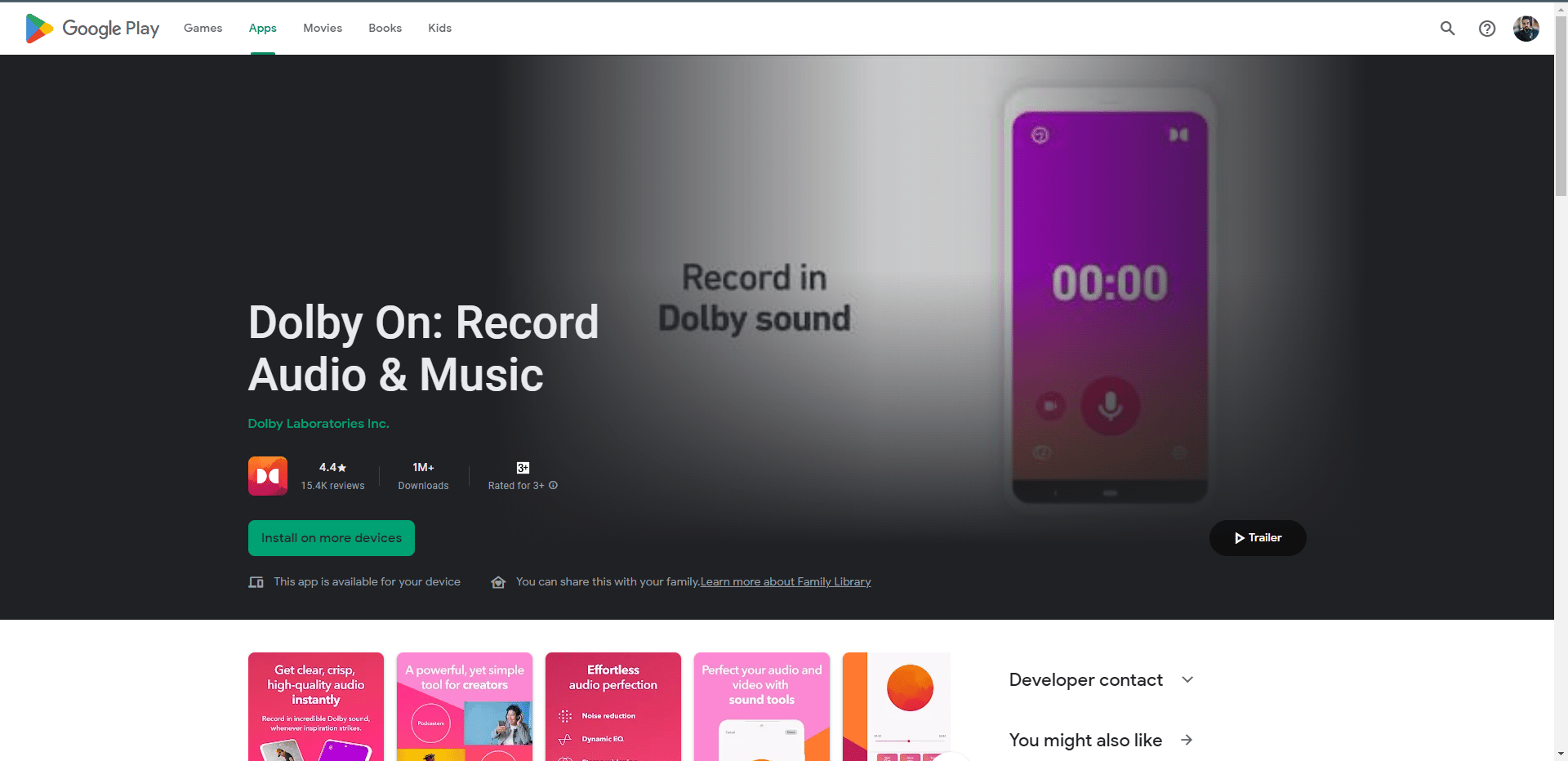 Pagina web Dolby On Play Store