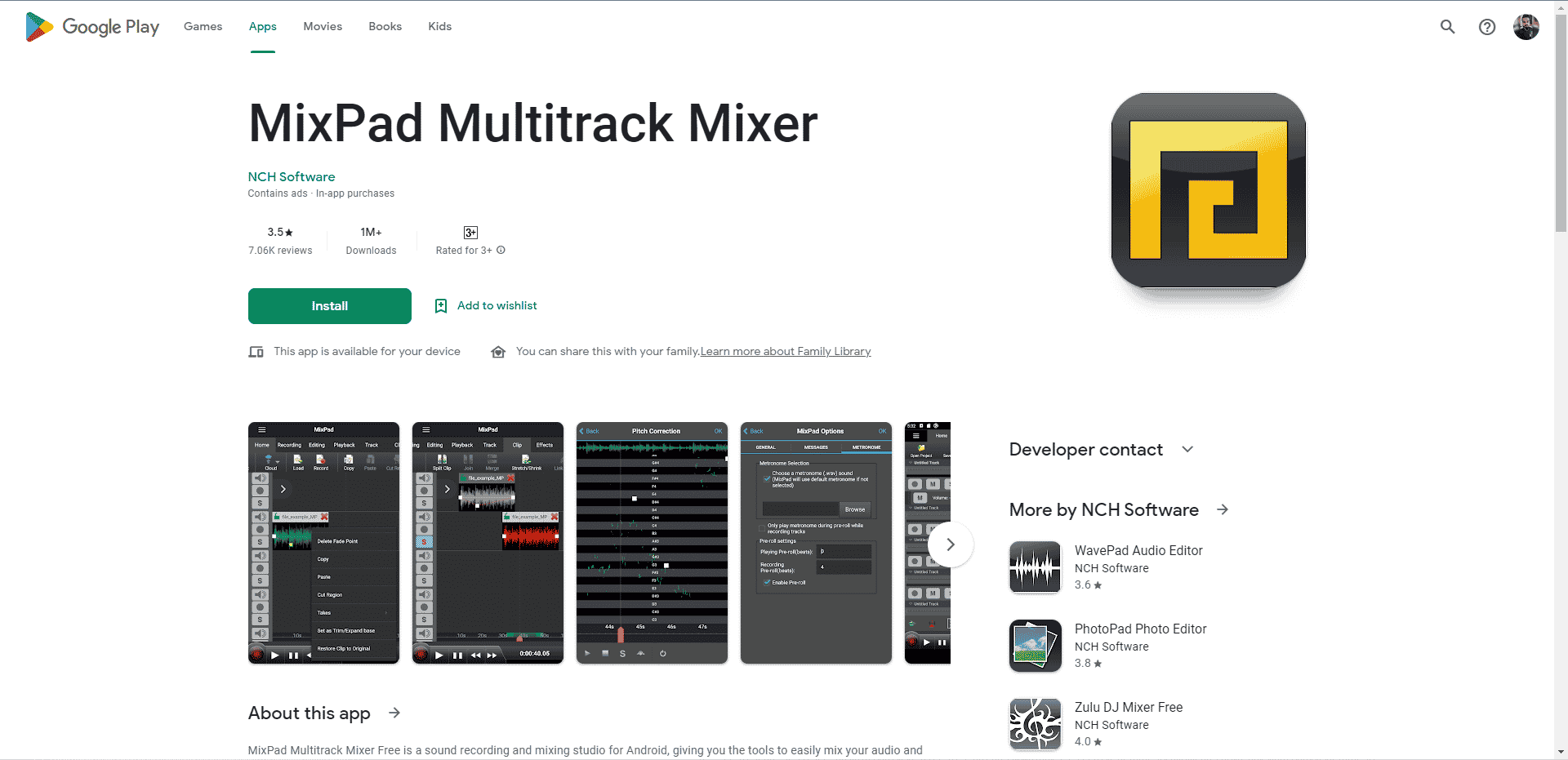 Веб-страница MixPad Multitrack Mixer Play Store. Лучшие бесплатные приложения для редактирования аудио для Android