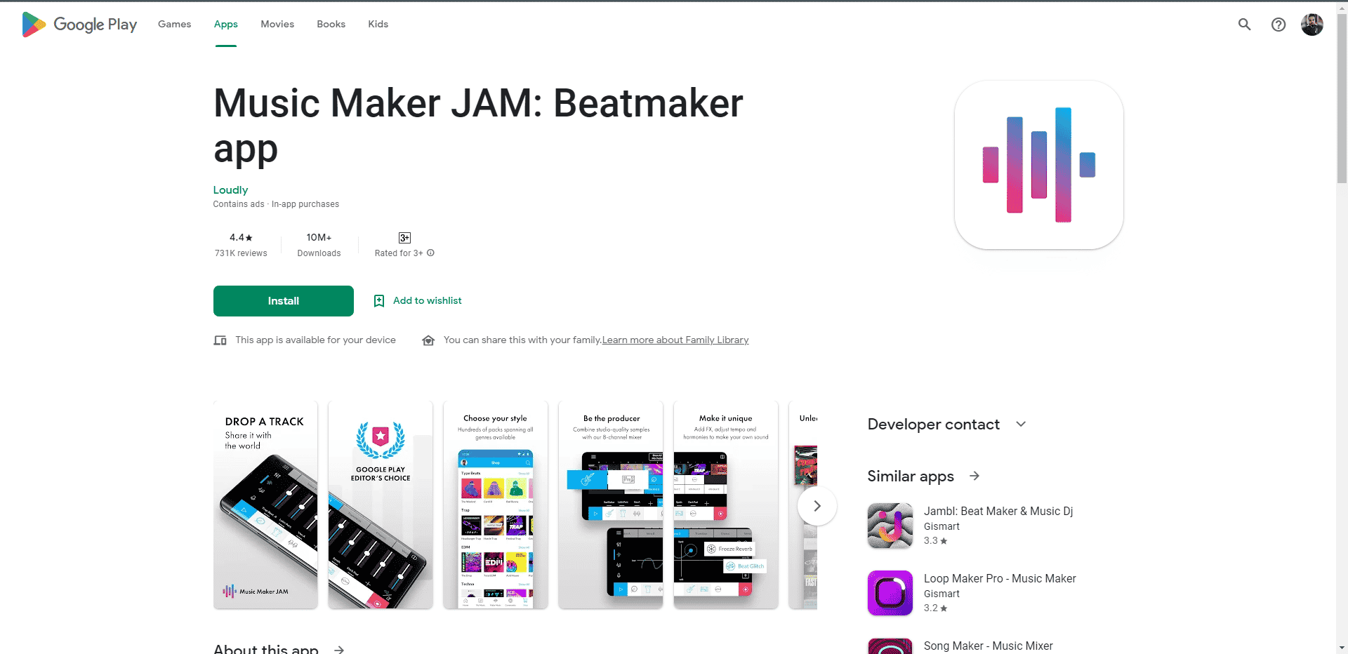 Página web de Music Maker Jam Play Store. Las mejores aplicaciones gratuitas de edición de audio para Android