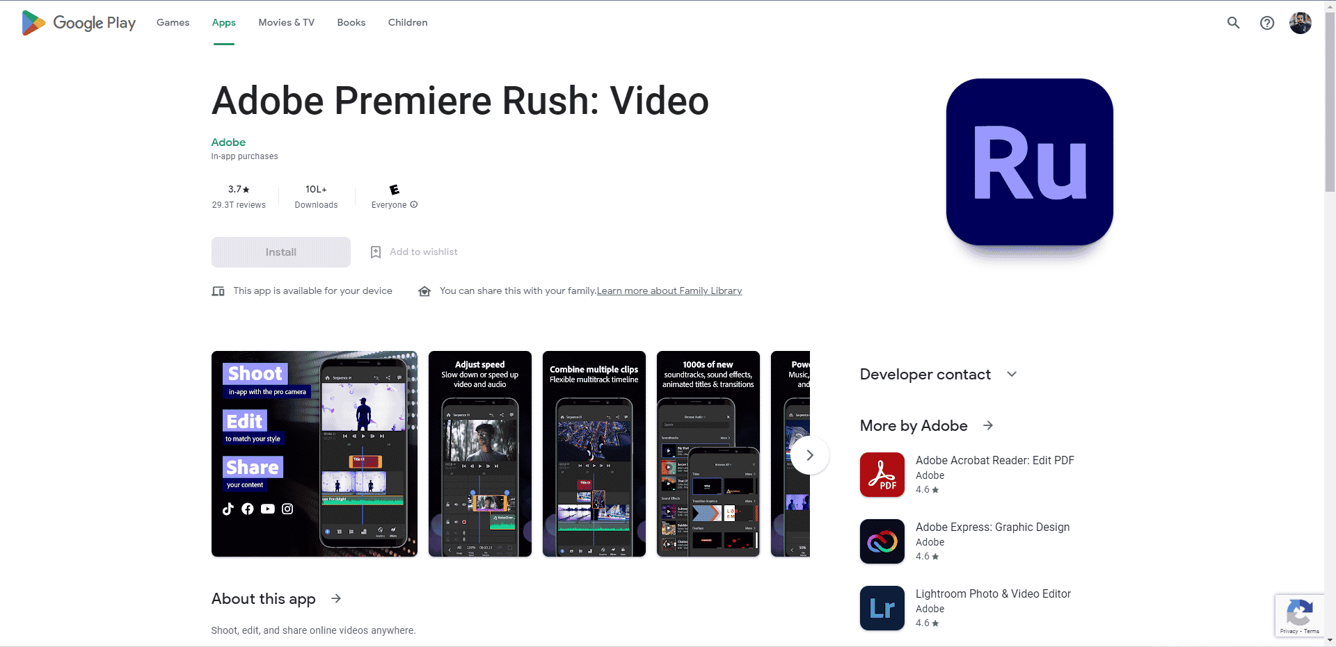 Adobe Premiere Rush Play ストアの Web ページ