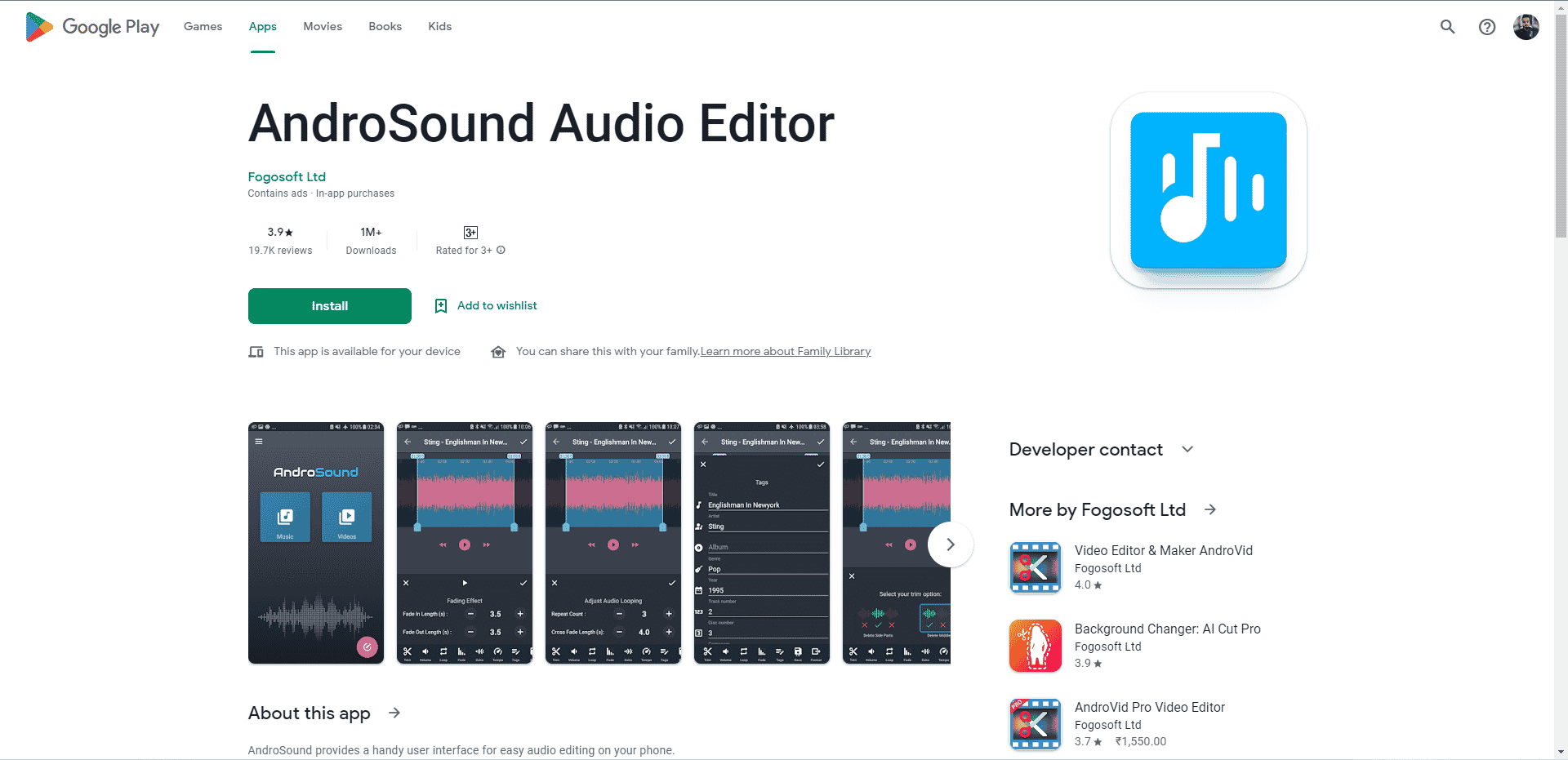 Página web de AndroSound Audio Editor Play Store