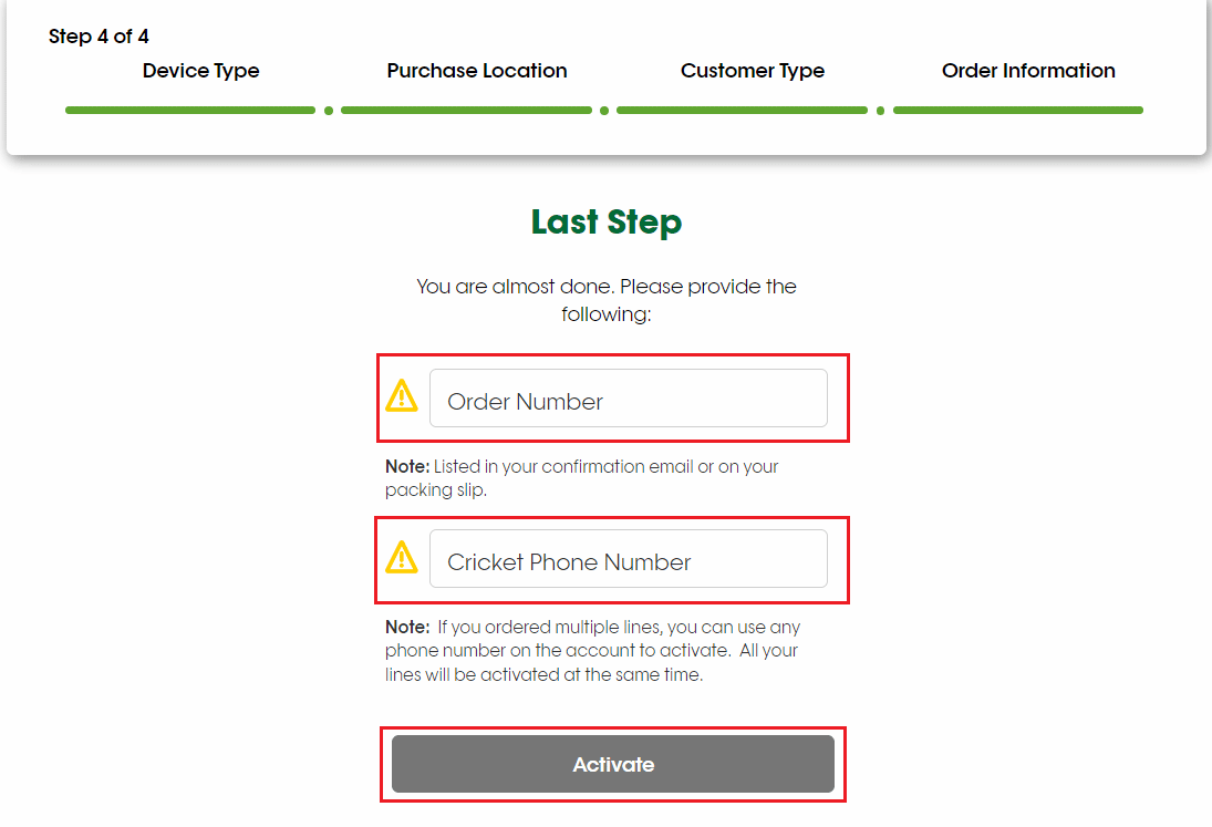 inserisci il numero dell'ordine e il numero di telefono del cricket e fai clic su Attiva