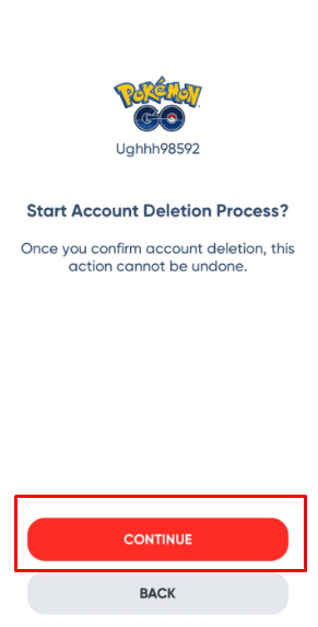 Toque em Continuar para excluir sua conta Pokemon GO | vincular várias contas Pokemon GO