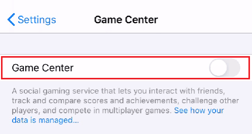 Game Center オプションをオンに切り替えます