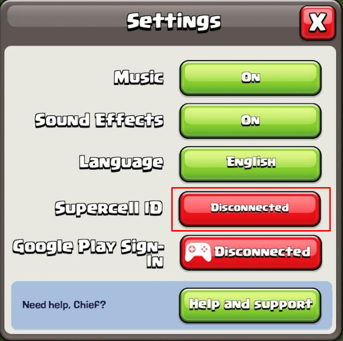 Supercell ID'nin yanındaki Bağlantı Kesildi üzerine dokunun