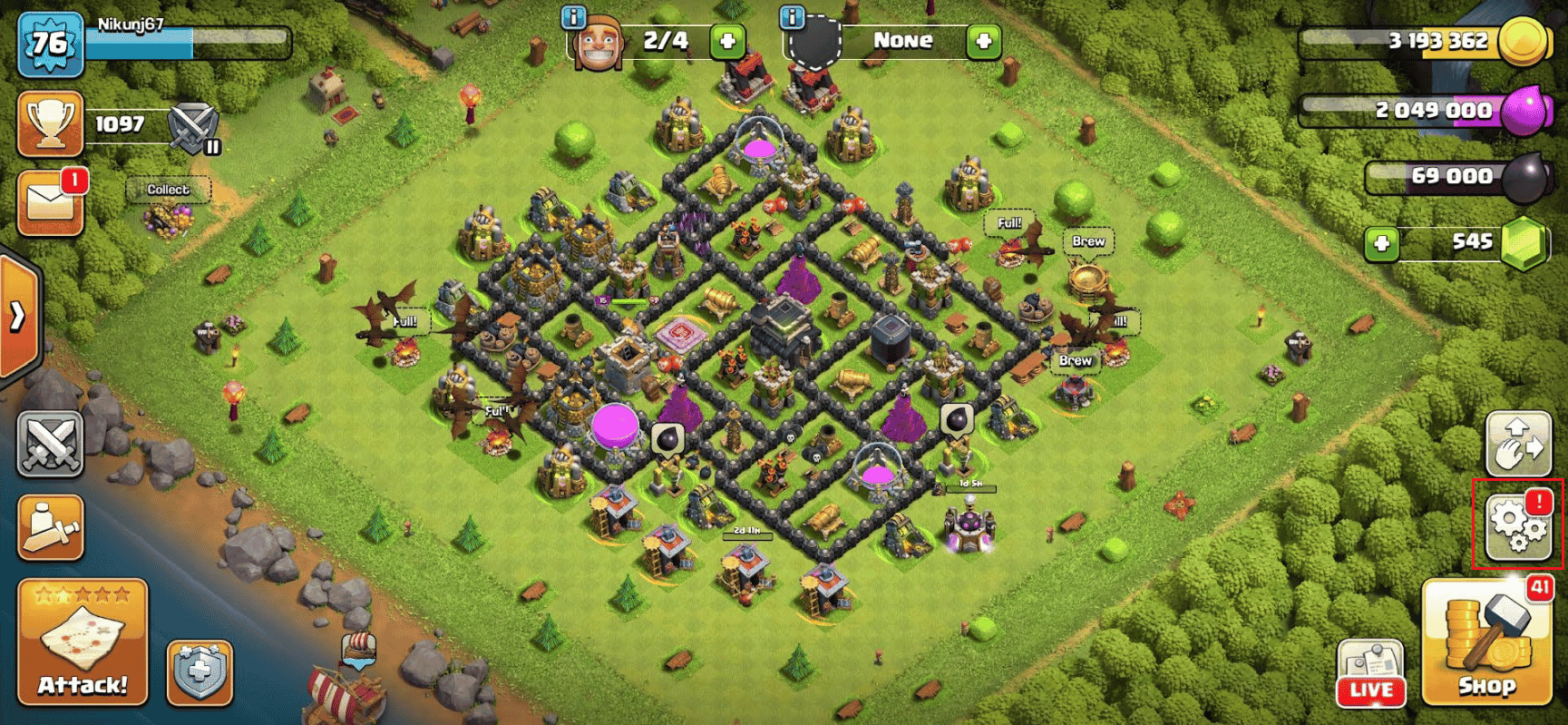 toccare l'icona Impostazioni | Come riavviare senza resettare Clash of Clans