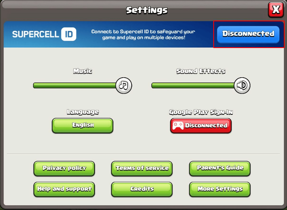 Appuyez sur le bouton Déconnecté à côté de Supercell ID. | Comment redémarrer sans réinitialiser Clash of Clans