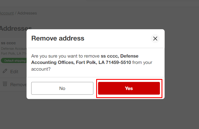 Затем нажмите «Да» в окне «Удалить адрес», чтобы навсегда удалить свой адрес из целевой учетной записи. | Как удалить целевую учетную запись