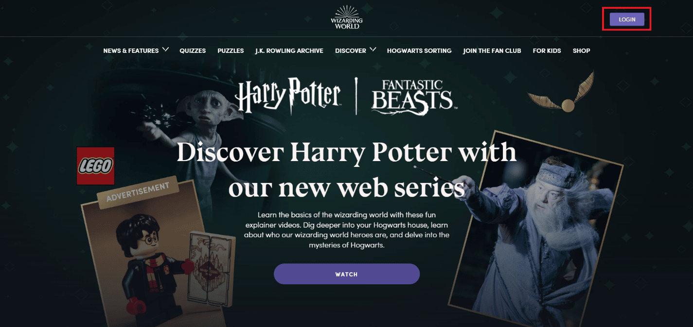 Visita il sito Web di Wizarding World e fai clic su LOGIN nell'angolo in alto a destra